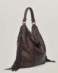 W6-411 VASIA Borsa Pelle Intrecciata Frange Cioccolato