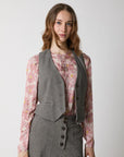 W5-35082 Gilet in Cotone Scollo a V Spinato Beige Nero