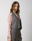 W5-35082 Gilet in Cotone Scollo a V Spinato Beige Nero