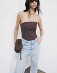 S6-2C1736 Top Bustier in Popeline Wood Brown Stipes