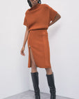 W6-2G0032 Gonna Midi in Maglia Zip Warm Caramel