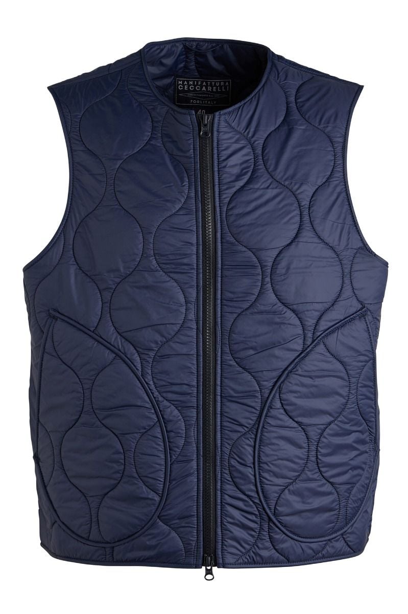 Gilet formale blu in seersucker leggera resistente alle pieghe elastica Gilet formale blu in seersucker leggera resistente alle pieghe elastica