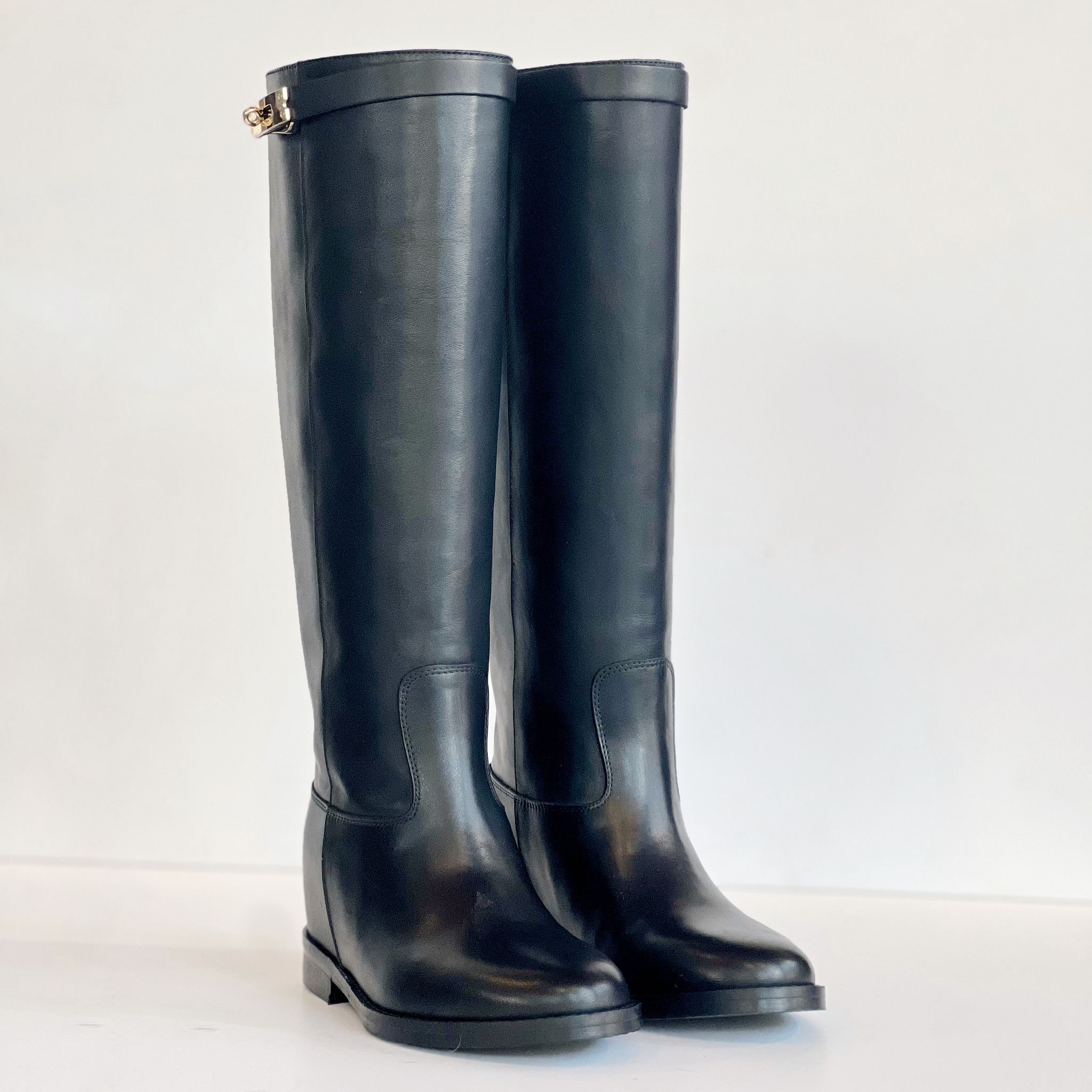 W5-T38H Stivale Zeppa Interna Accessorio HERM Vitello Nero