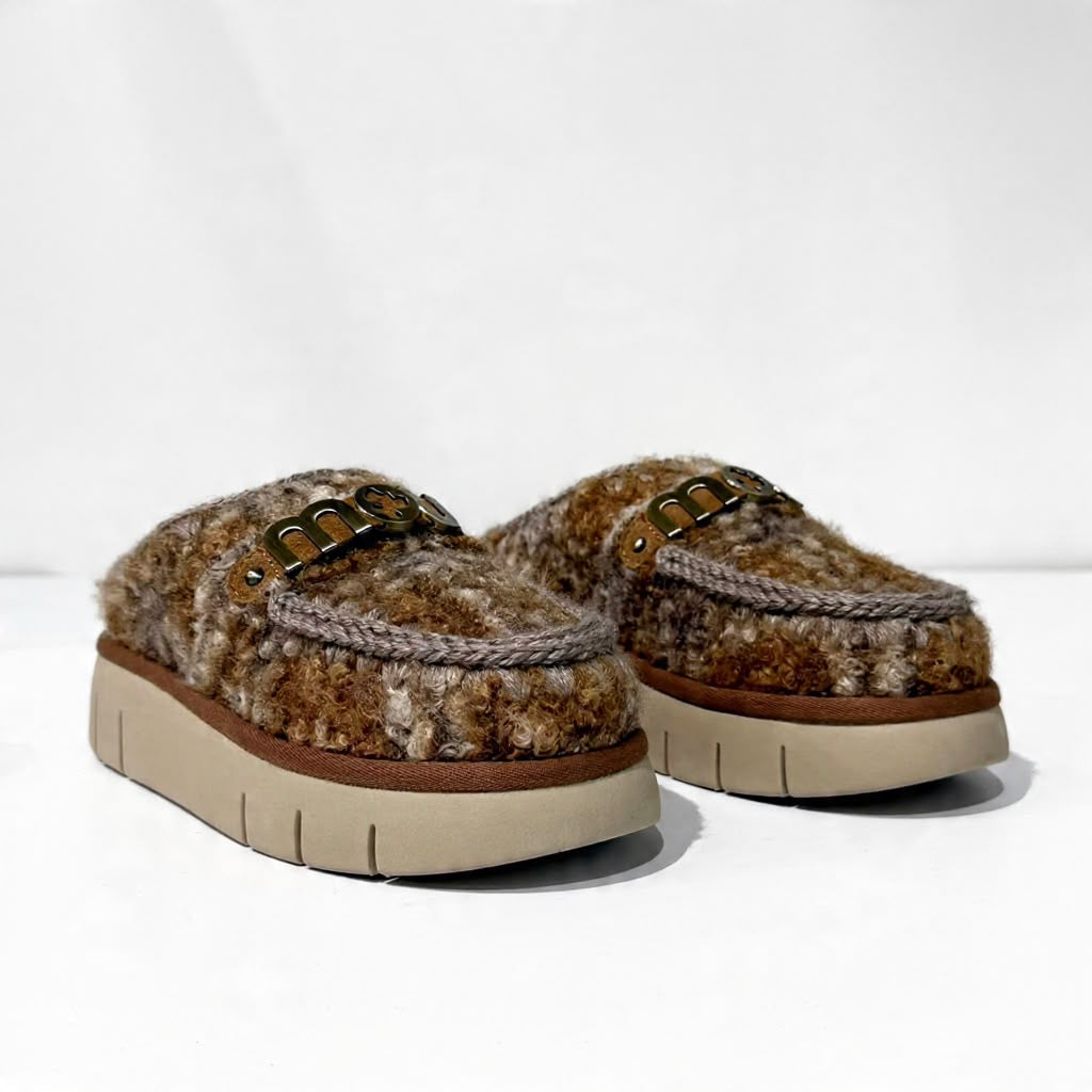 W6-Bounce Clog Plaid Teddy Fur Mercia Marron