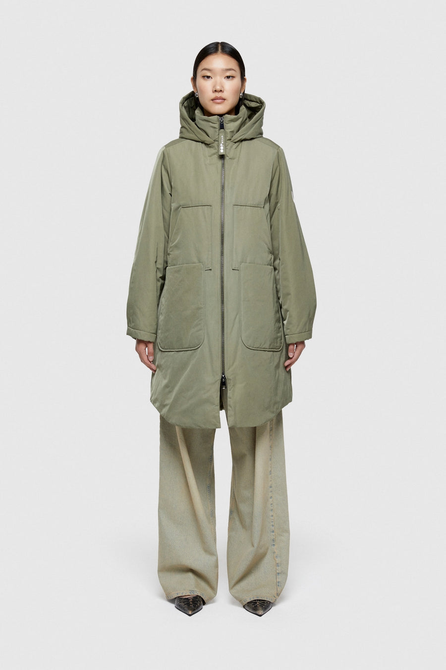 W4-9094 Parka Lungo Nylon Memory Verde Mimetico