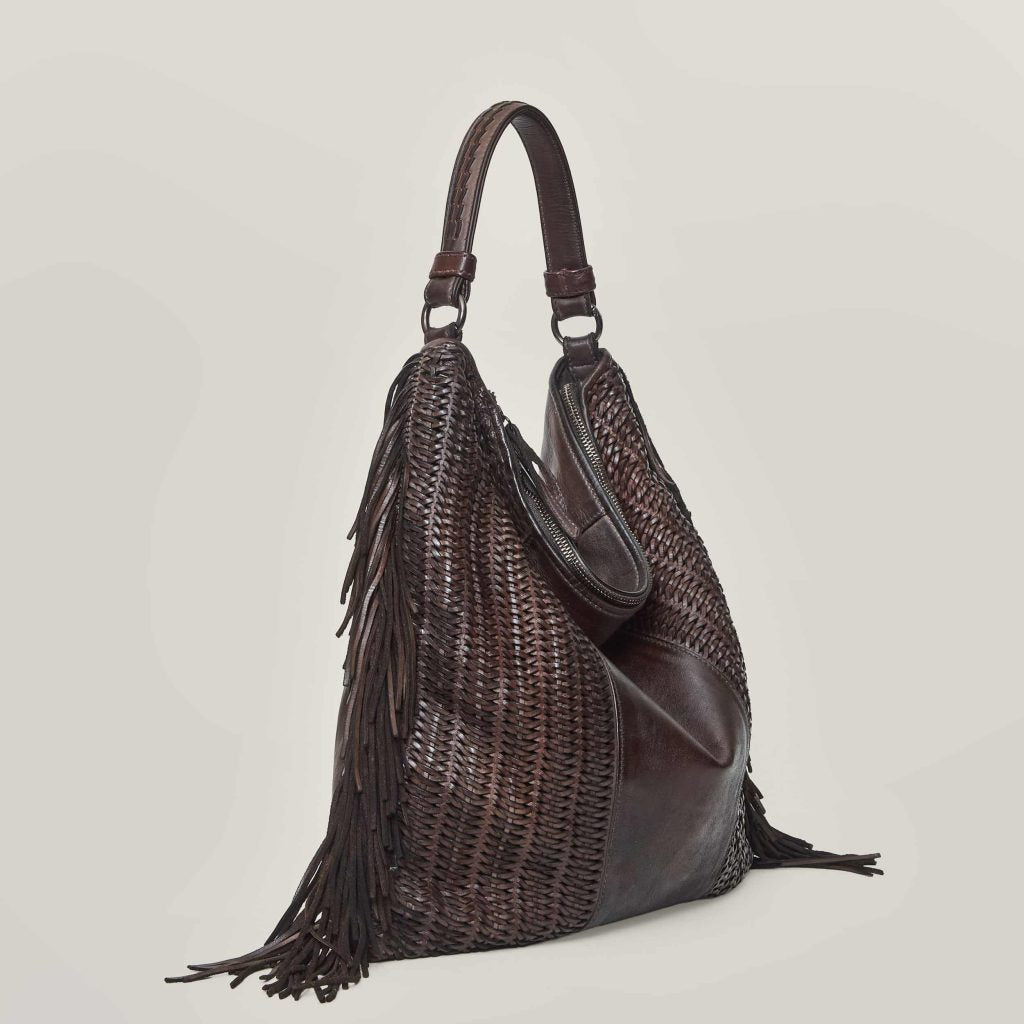W6-411 VASIA Borsa Pelle Intrecciata Frange Cioccolato