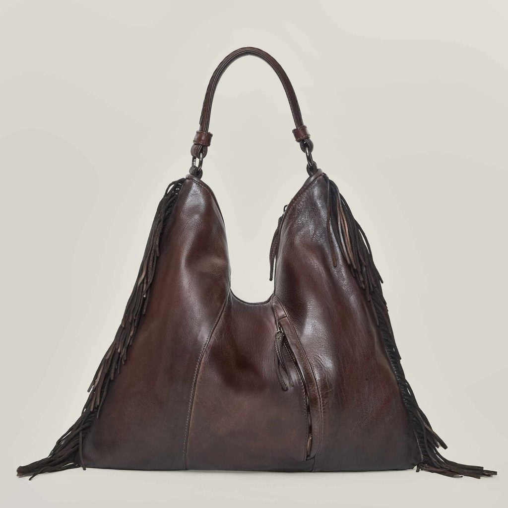 W6-411 VASIA Borsa Pelle Intrecciata Frange Cioccolato