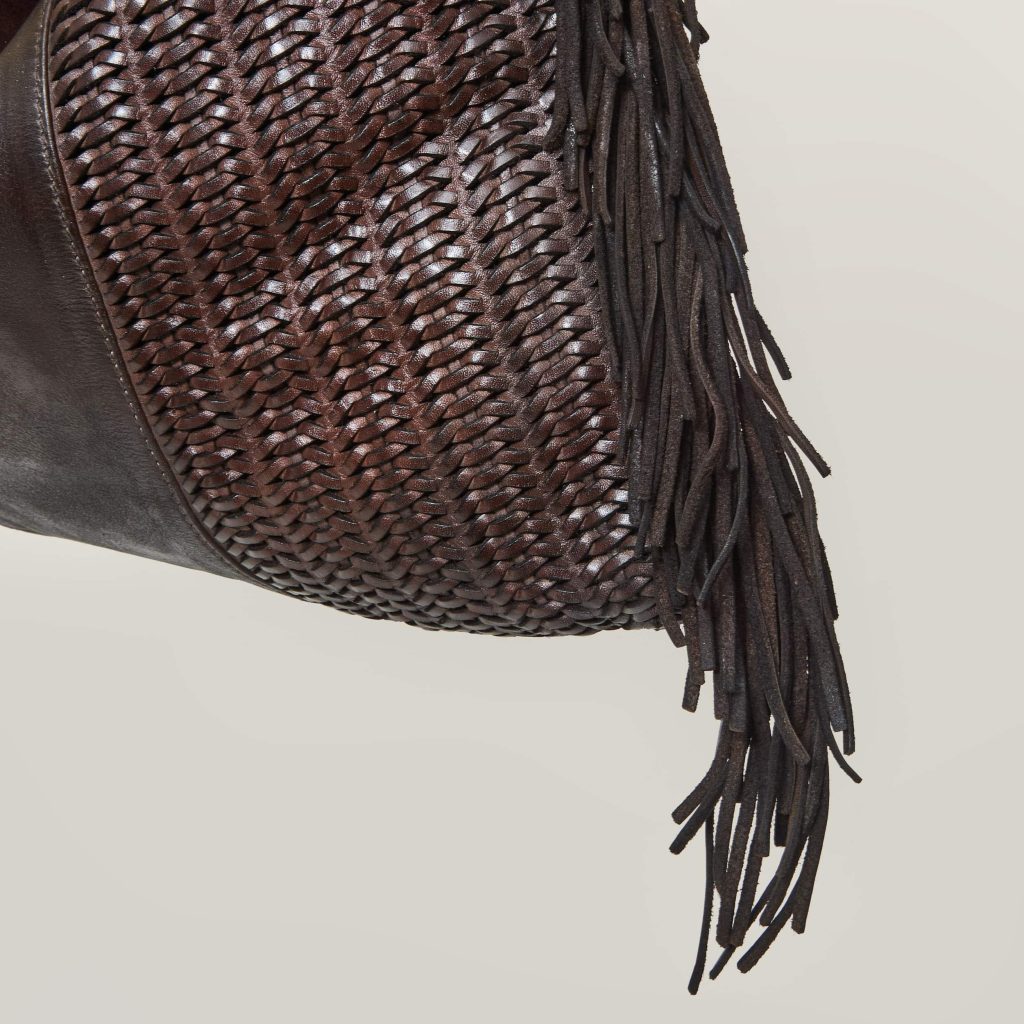 W6-411 VASIA Borsa Pelle Intrecciata Frange Cioccolato