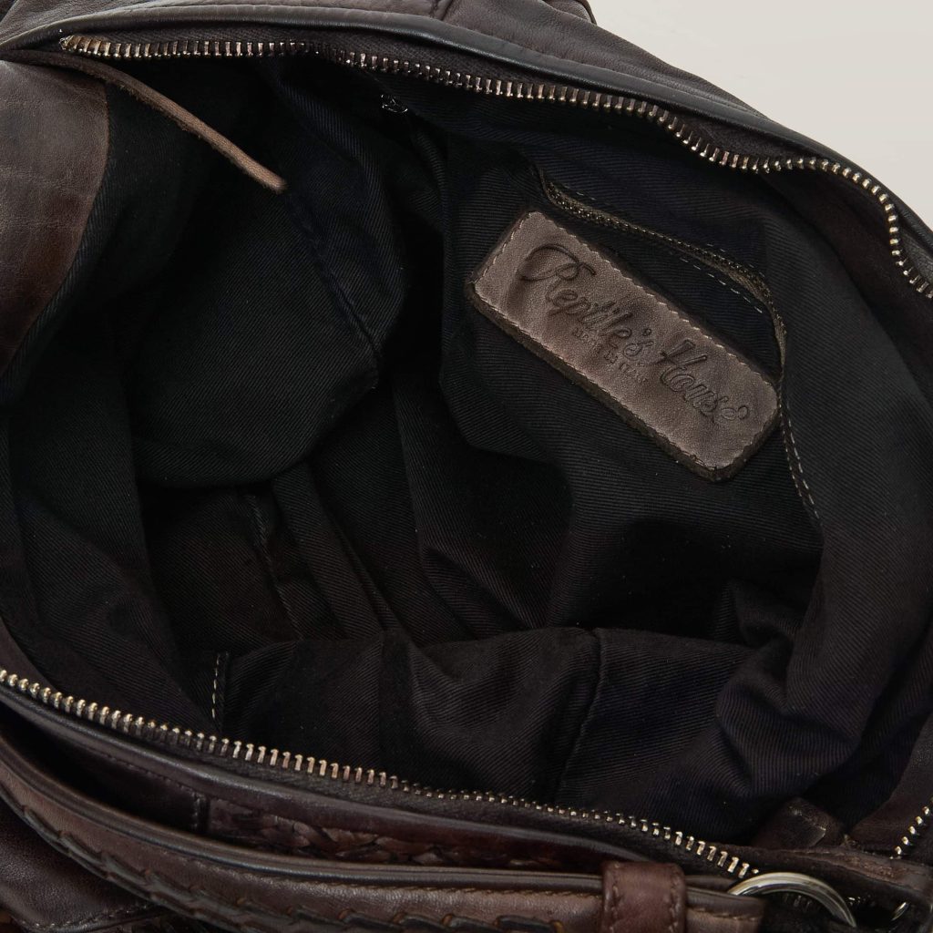 W6-411 VASIA Borsa Pelle Intrecciata Frange Cioccolato