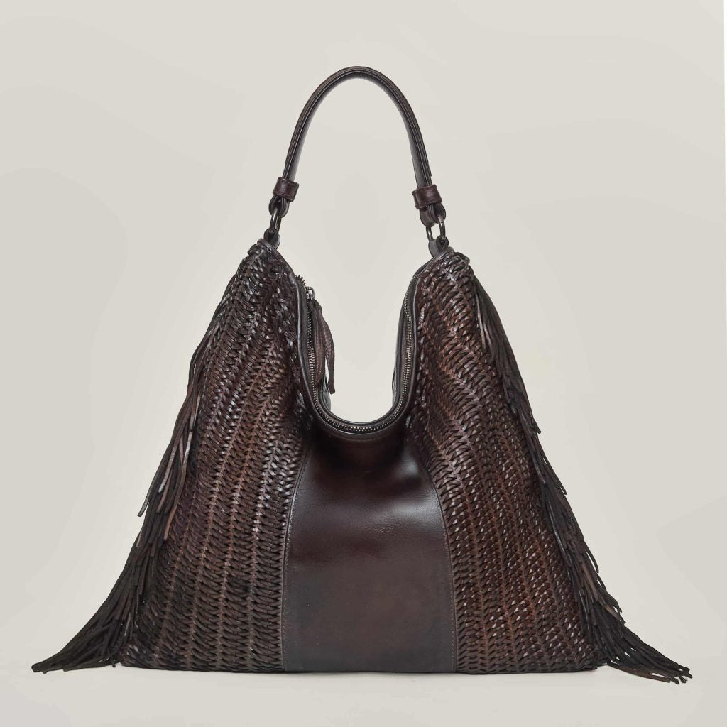 W6-411 VASIA Borsa Pelle Intrecciata Frange Cioccolato