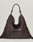 W6-411 VASIA Borsa Pelle Intrecciata Frange Cioccolato