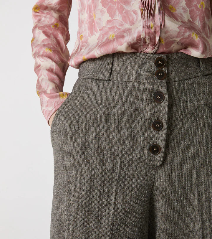 W5-25016 Pantalone A Palazzo Spinato Beige Nero