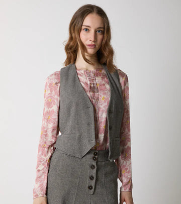 W5-35082 Gilet in Cotone Scollo a V Spinato Beige Nero