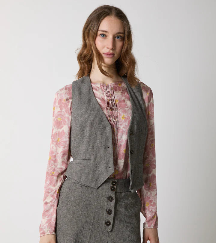 W5-35082 Gilet in Cotone Scollo a V Spinato Beige Nero