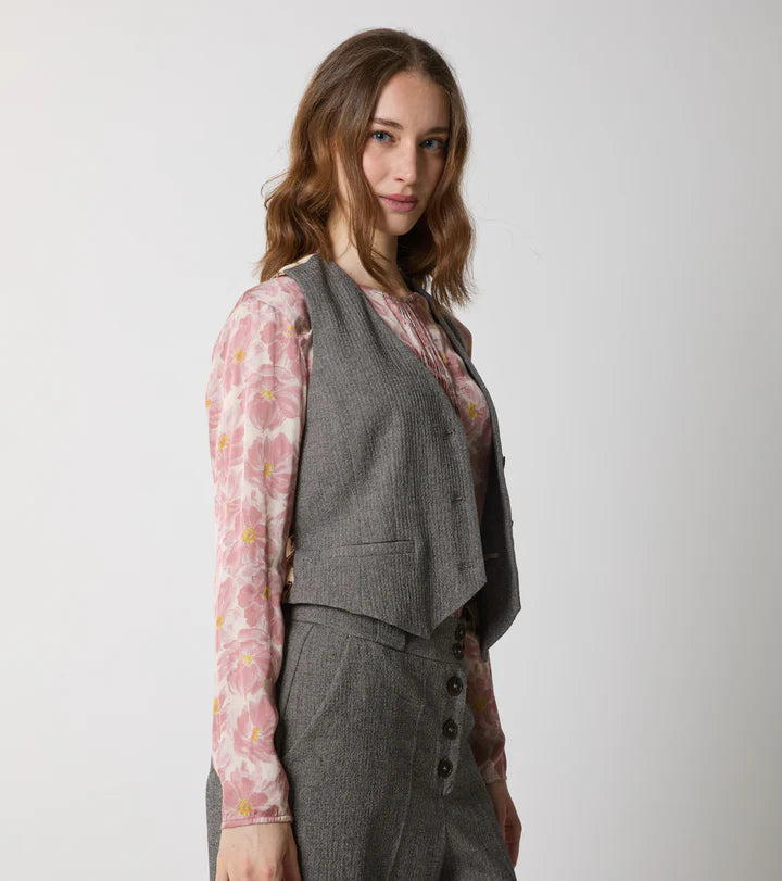 W5-35082 Gilet in Cotone Scollo a V Spinato Beige Nero