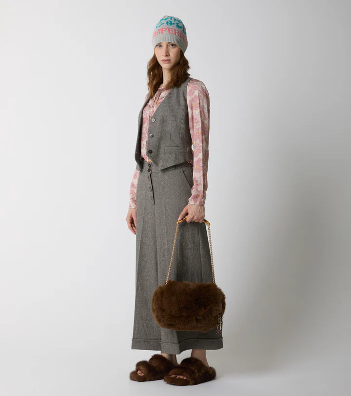 W5-35082 Gilet in Cotone Scollo a V Spinato Beige Nero