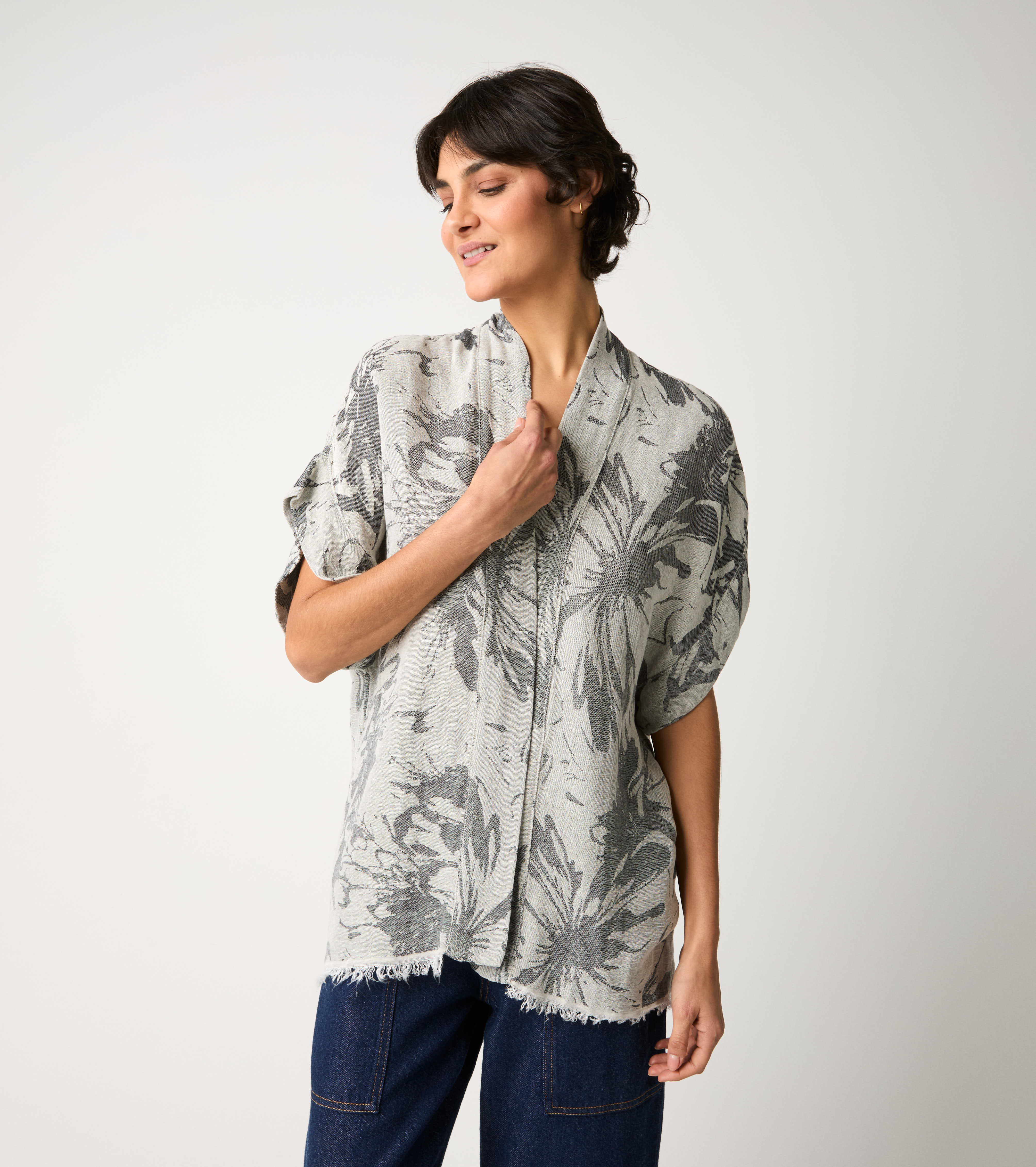 S6-35046 Giacca Kimono Cotone Floreale Sabbia