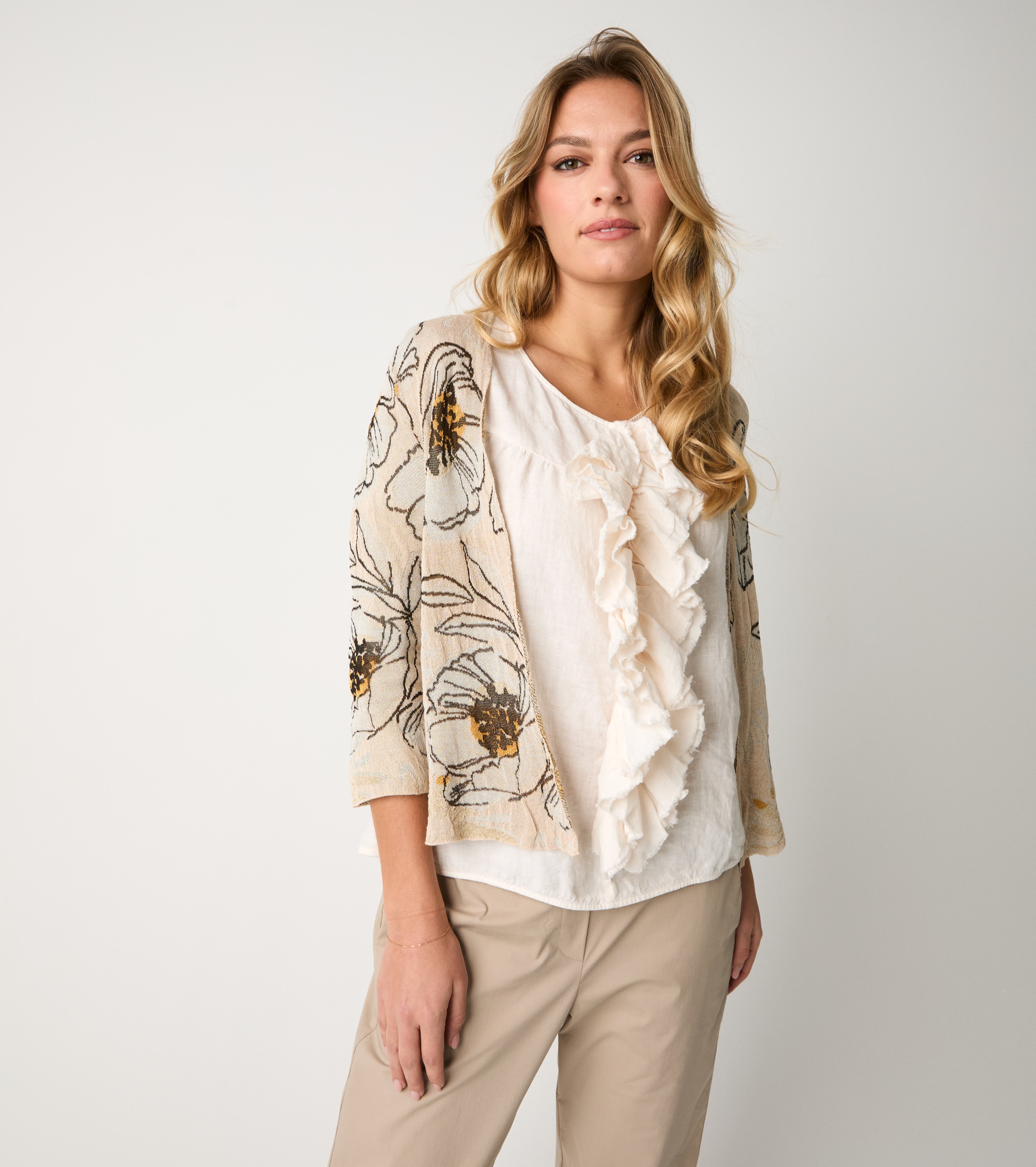 S6-53030 Cardigan Floreale Scollo V Cipria
