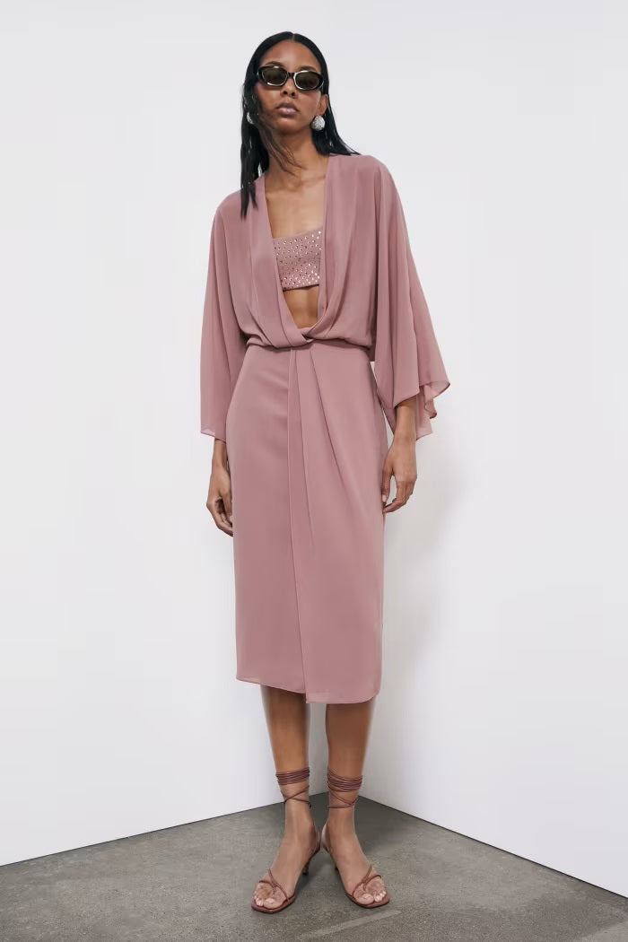 S6-2A3058 Abito Kimono Fluido in Georgette Terracotta
