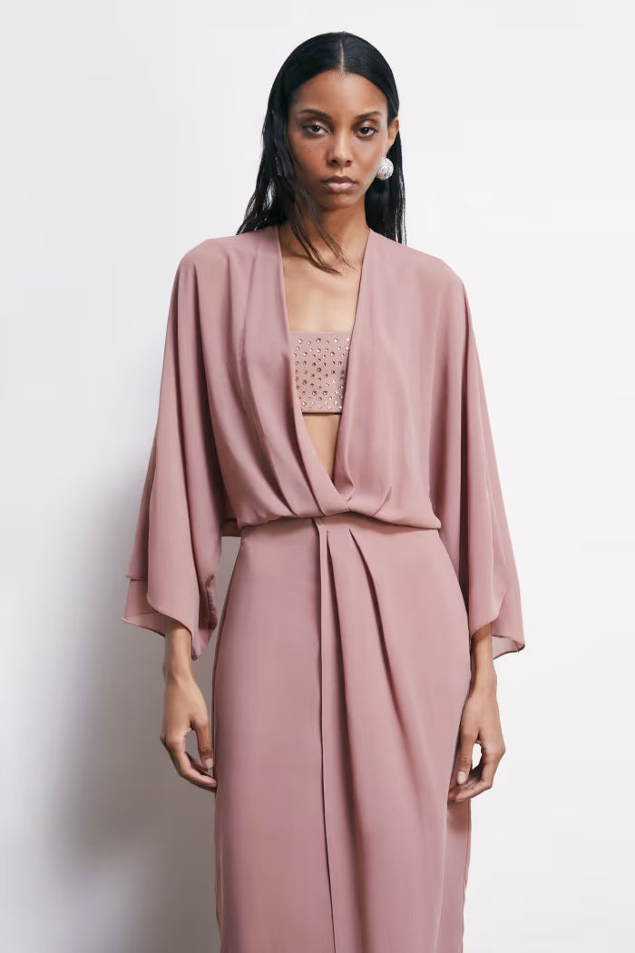 S6-2A3058 Abito Kimono Fluido in Georgette Terracotta