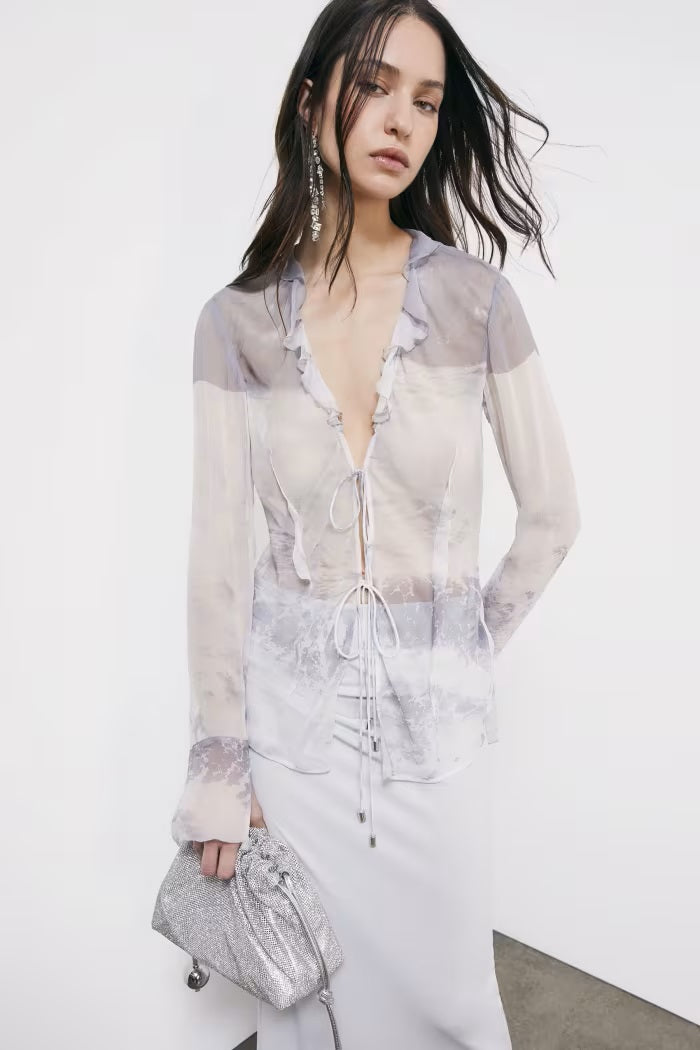 S6-2C1692 Blusa Fluida in Viscosa con Rouches Waves Print