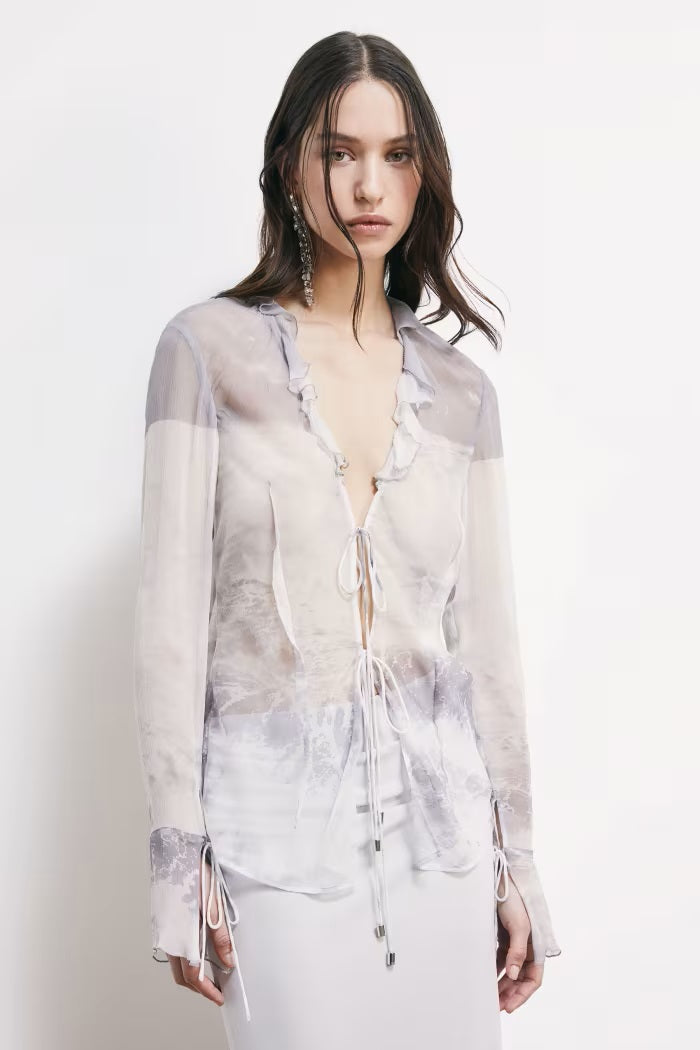 S6-2C1692 Blusa Fluida in Viscosa con Rouches Waves Print