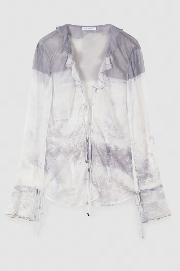 S6-2C1692 Blusa Fluida in Viscosa con Rouches Waves Print