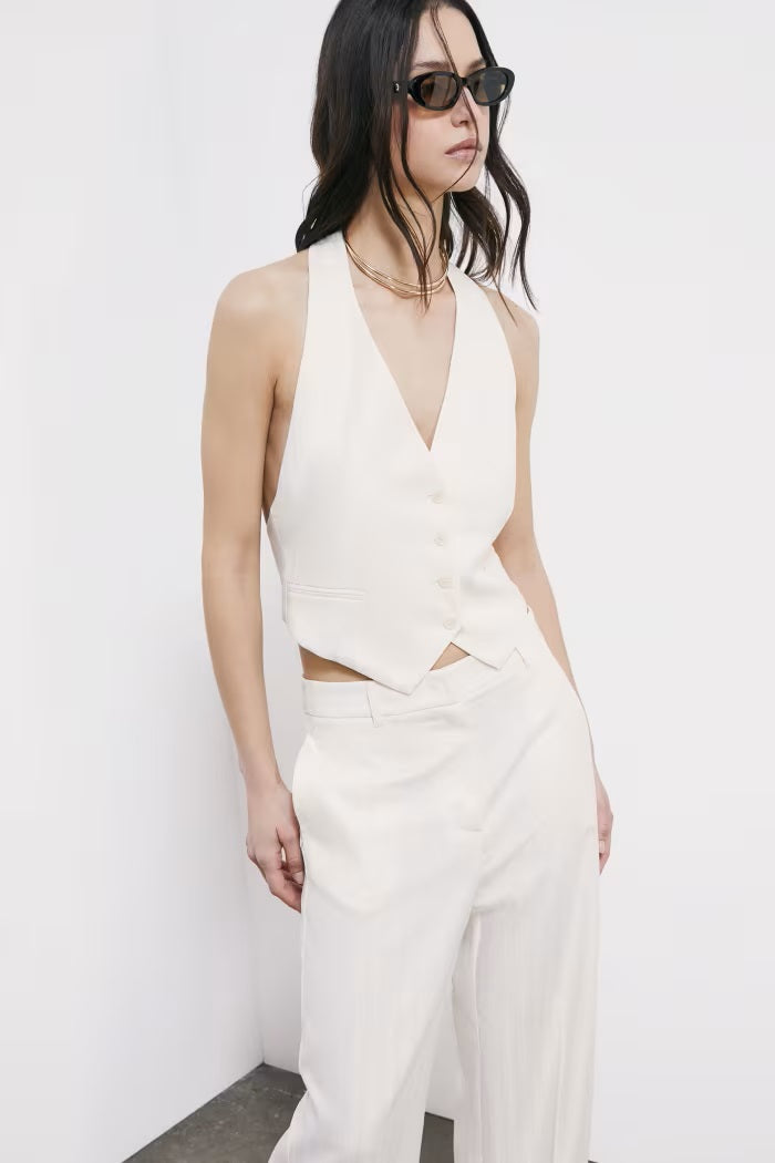 S6-2C1726 Gilet Corto Sartoriale con Scollo Halter Pearl Ivory