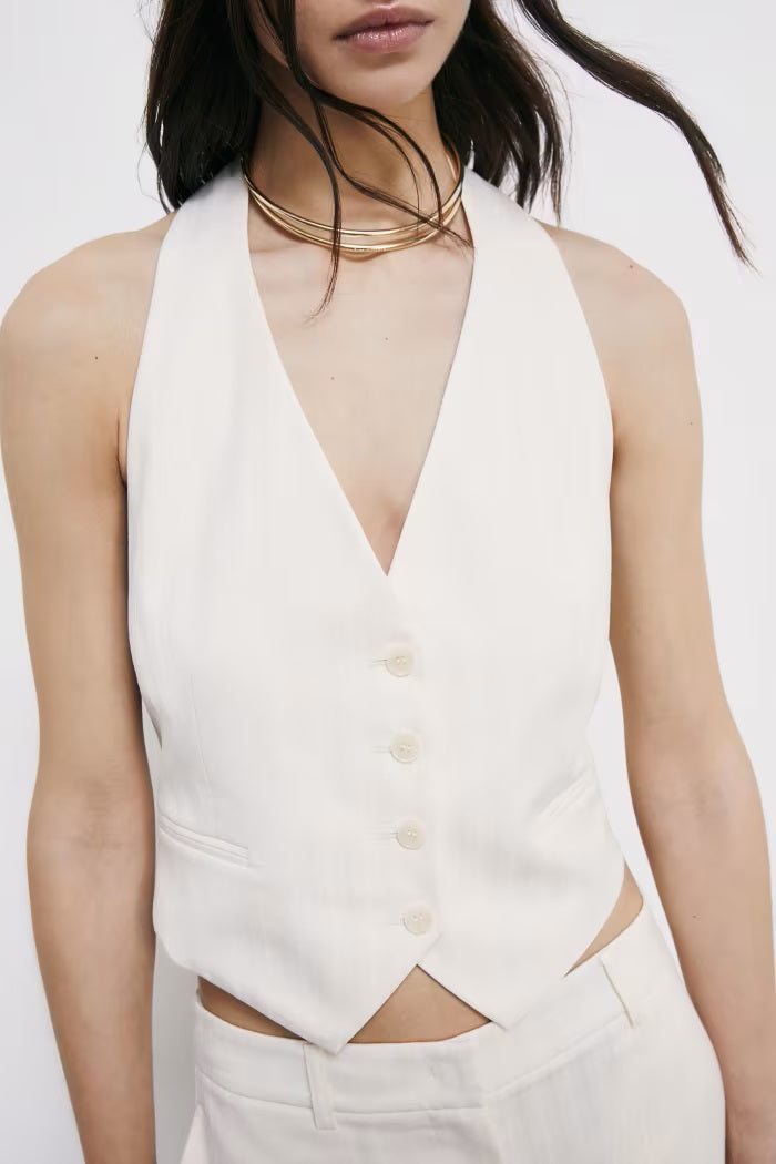 S6-2C1726 Gilet Corto Sartoriale con Scollo Halter Pearl Ivory