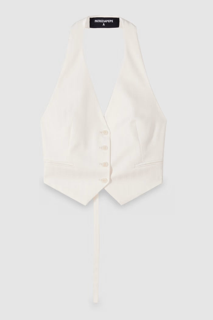 S6-2C1726 Gilet Corto Sartoriale con Scollo Halter Pearl Ivory