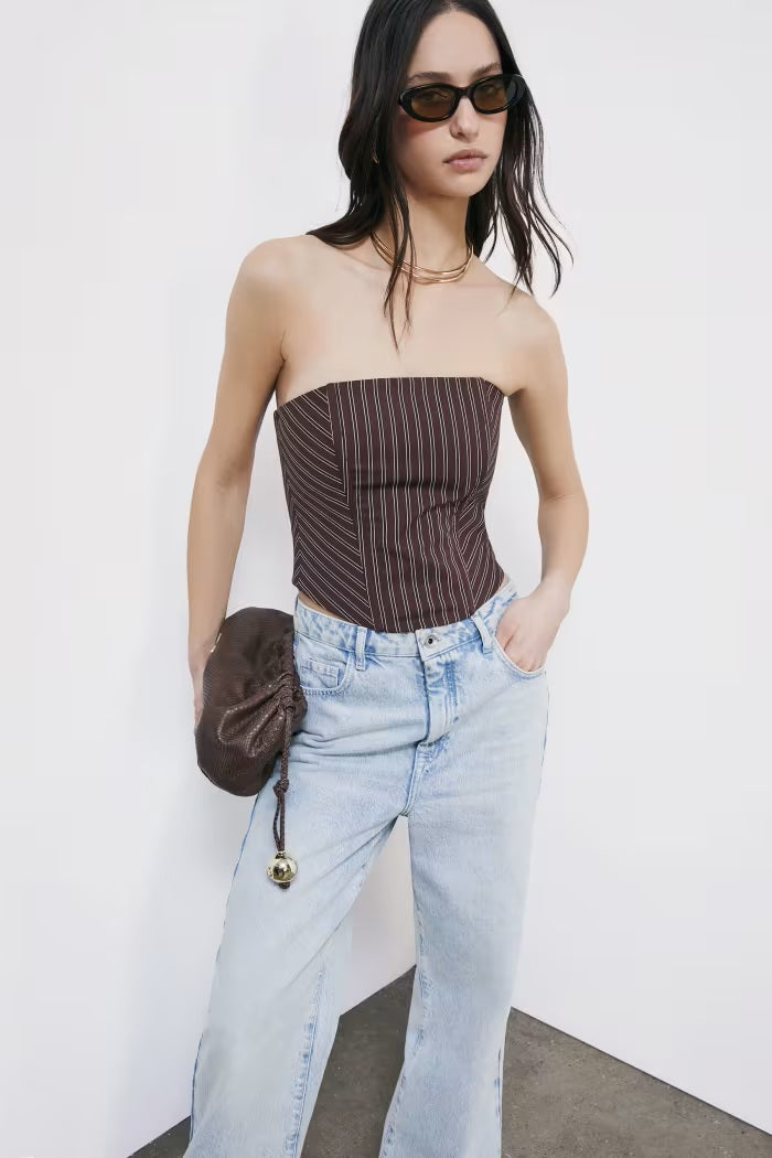S6-2C1736 Top Bustier in Popeline Wood Brown Stipes