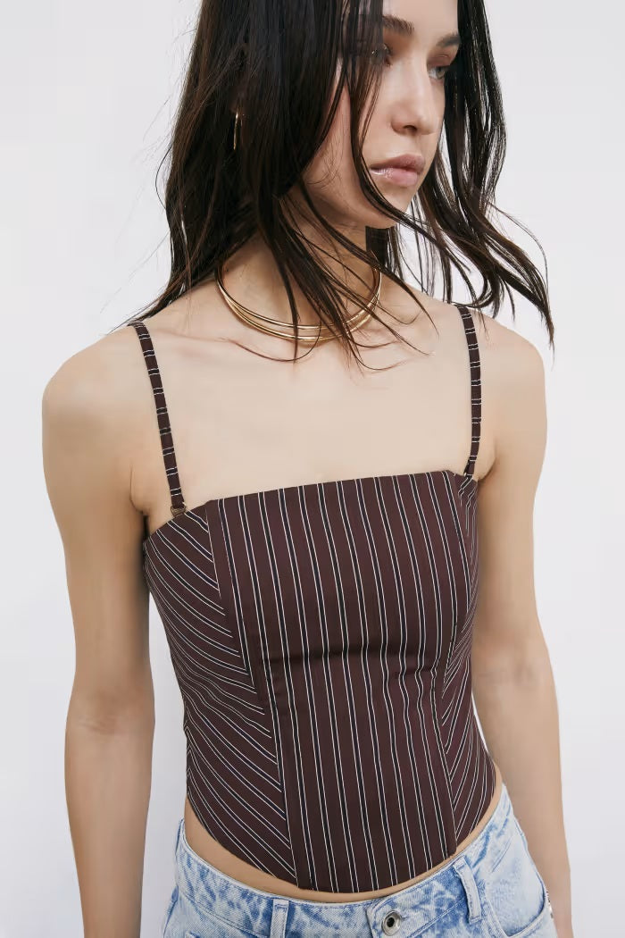 S6-2C1736 Top Bustier in Popeline Wood Brown Stipes