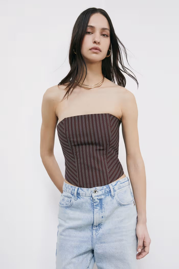 S6-2C1736 Top Bustier in Popeline Wood Brown Stipes