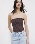 S6-2C1736 Top Bustier in Popeline Wood Brown Stipes