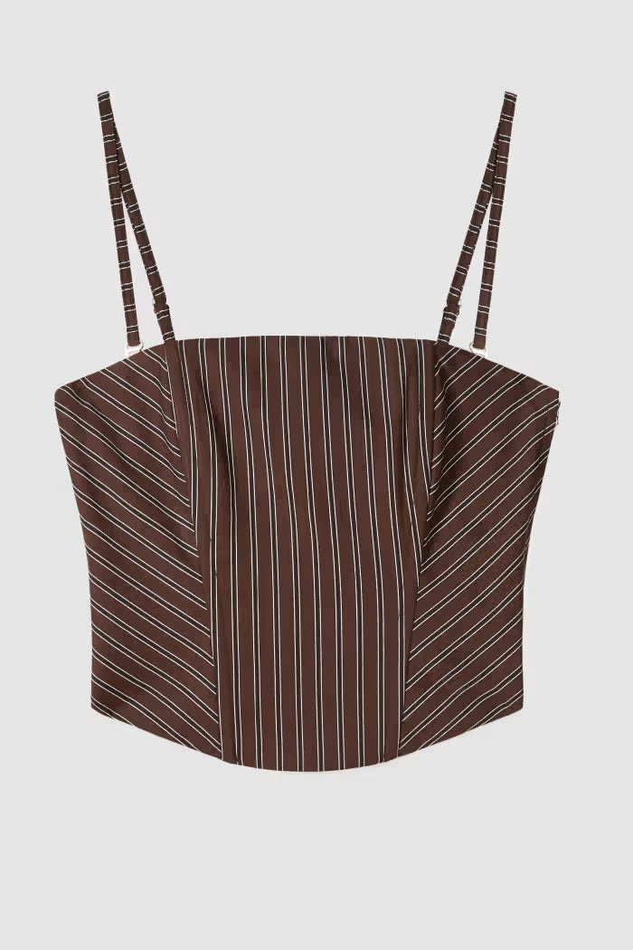 S6-2C1736 Top Bustier in Popeline Wood Brown Stipes