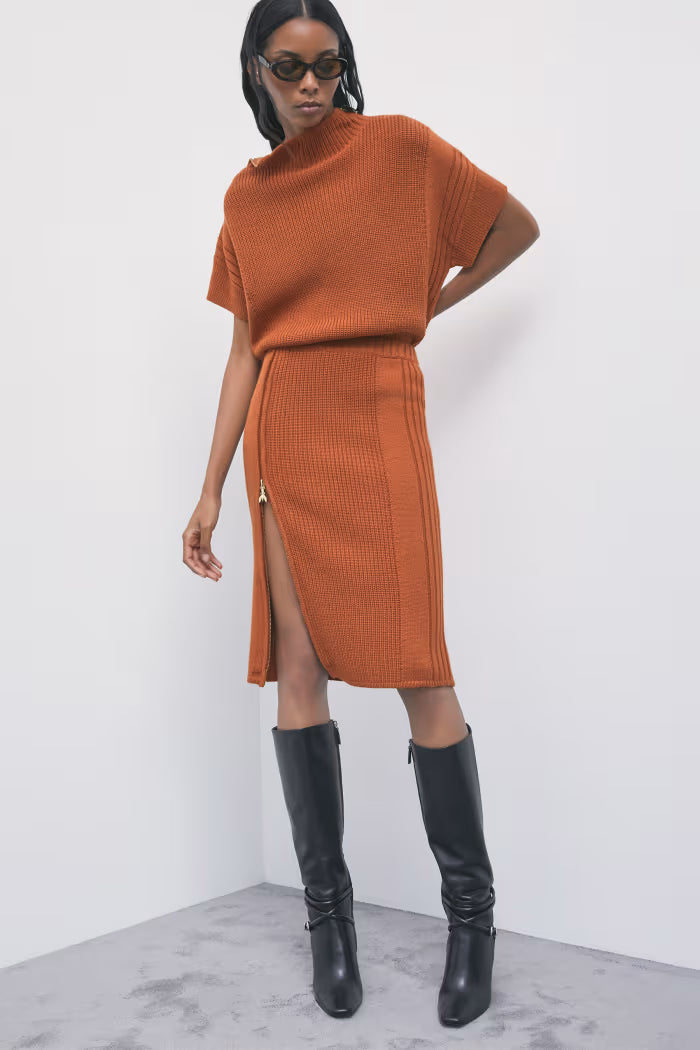 W6-2G0032 Gonna Midi in Maglia Zip Warm Caramel