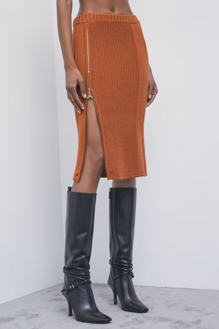 W6-2G0032 Gonna Midi in Maglia Zip Warm Caramel