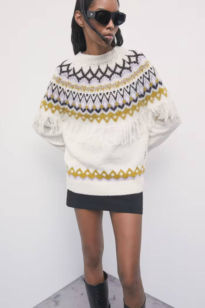 W6-2K0192 Maglione Frange Scandinavo Multicolor