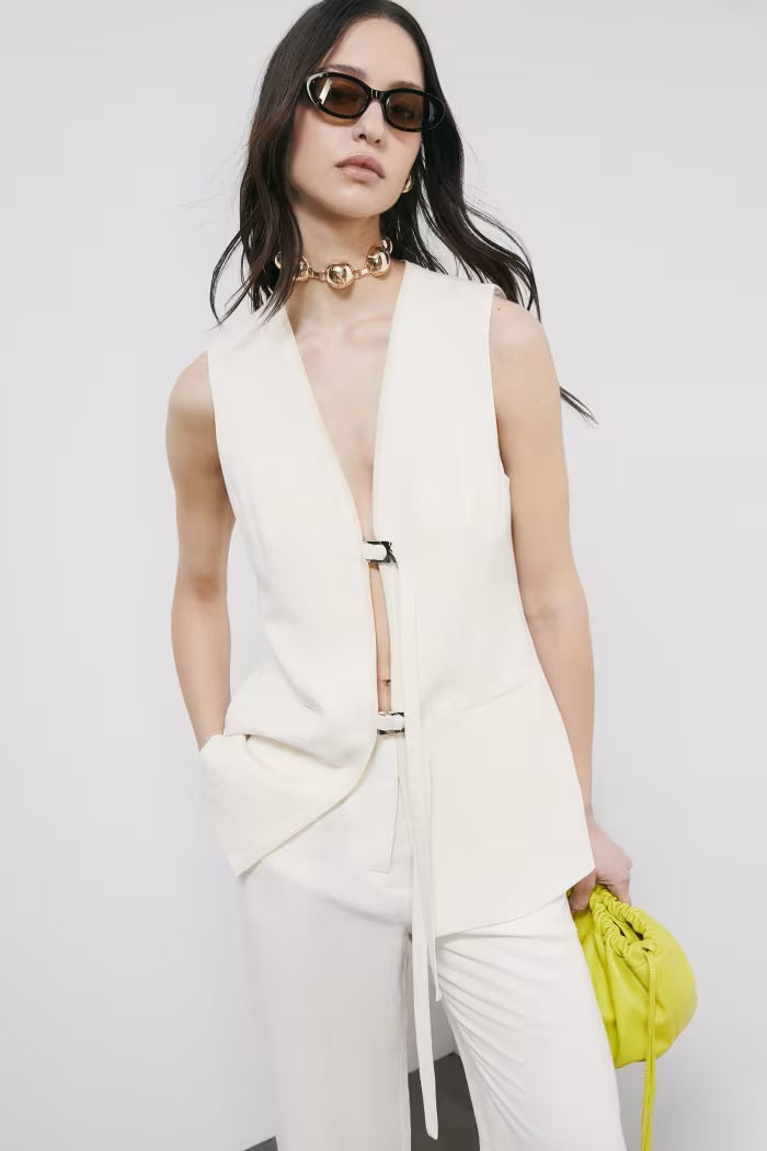 S6-2S1548 Gilet Lungo Sartoriale con Lacci Pearl Ivory