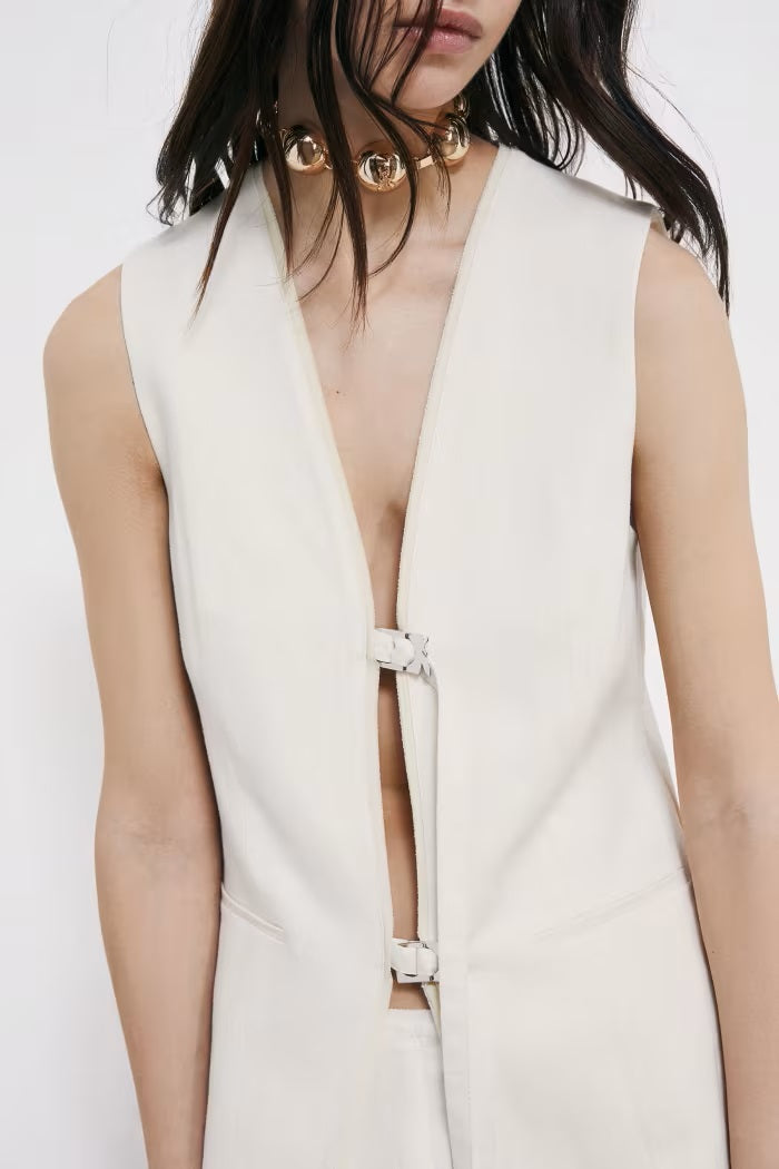 S6-2S1548 Gilet Lungo Sartoriale con Lacci Pearl Ivory