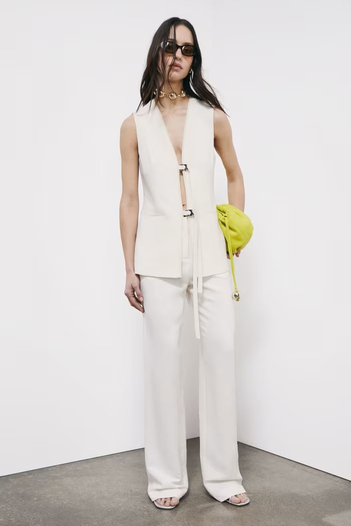 S6-2S1548 Gilet Lungo Sartoriale con Lacci Pearl Ivory