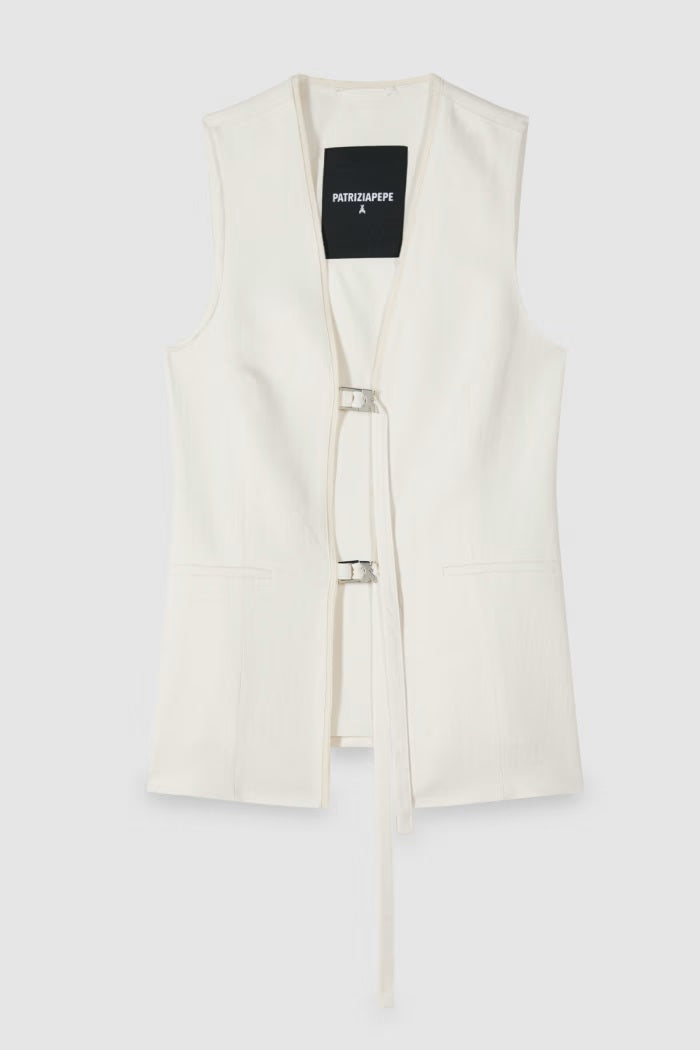 S6-2S1548 Gilet Lungo Sartoriale con Lacci Pearl Ivory