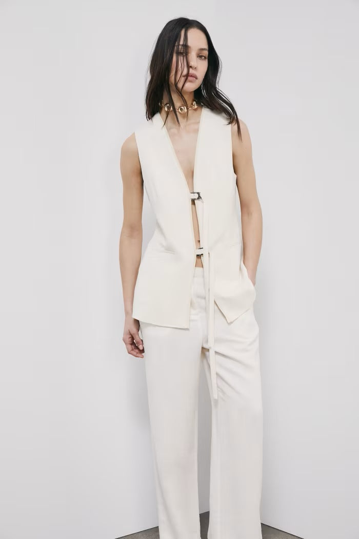 S6-2S1548 Gilet Lungo Sartoriale con Lacci Pearl Ivory
