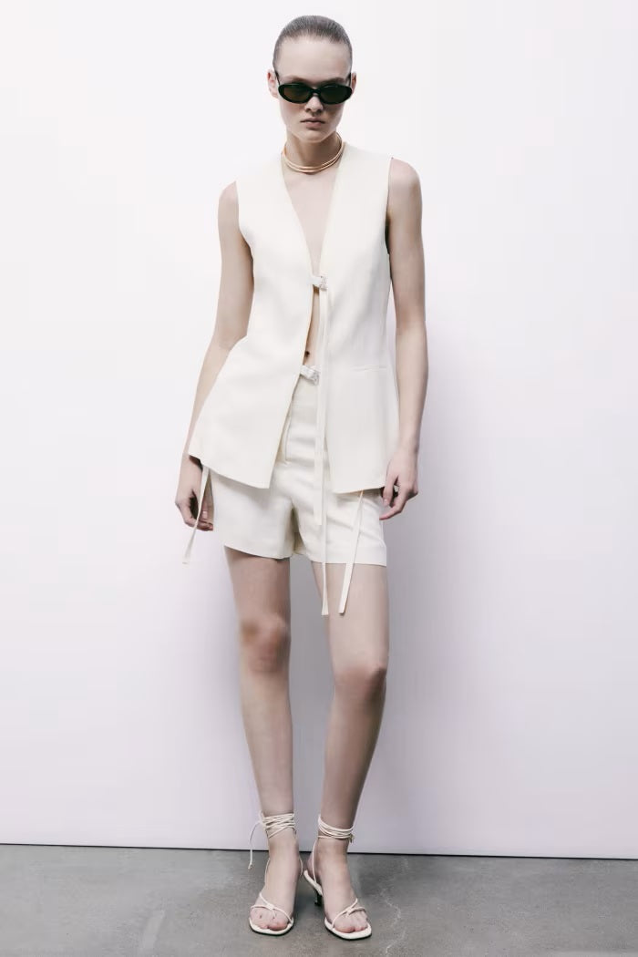 S6-2S1548 Gilet Lungo Sartoriale con Lacci Pearl Ivory
