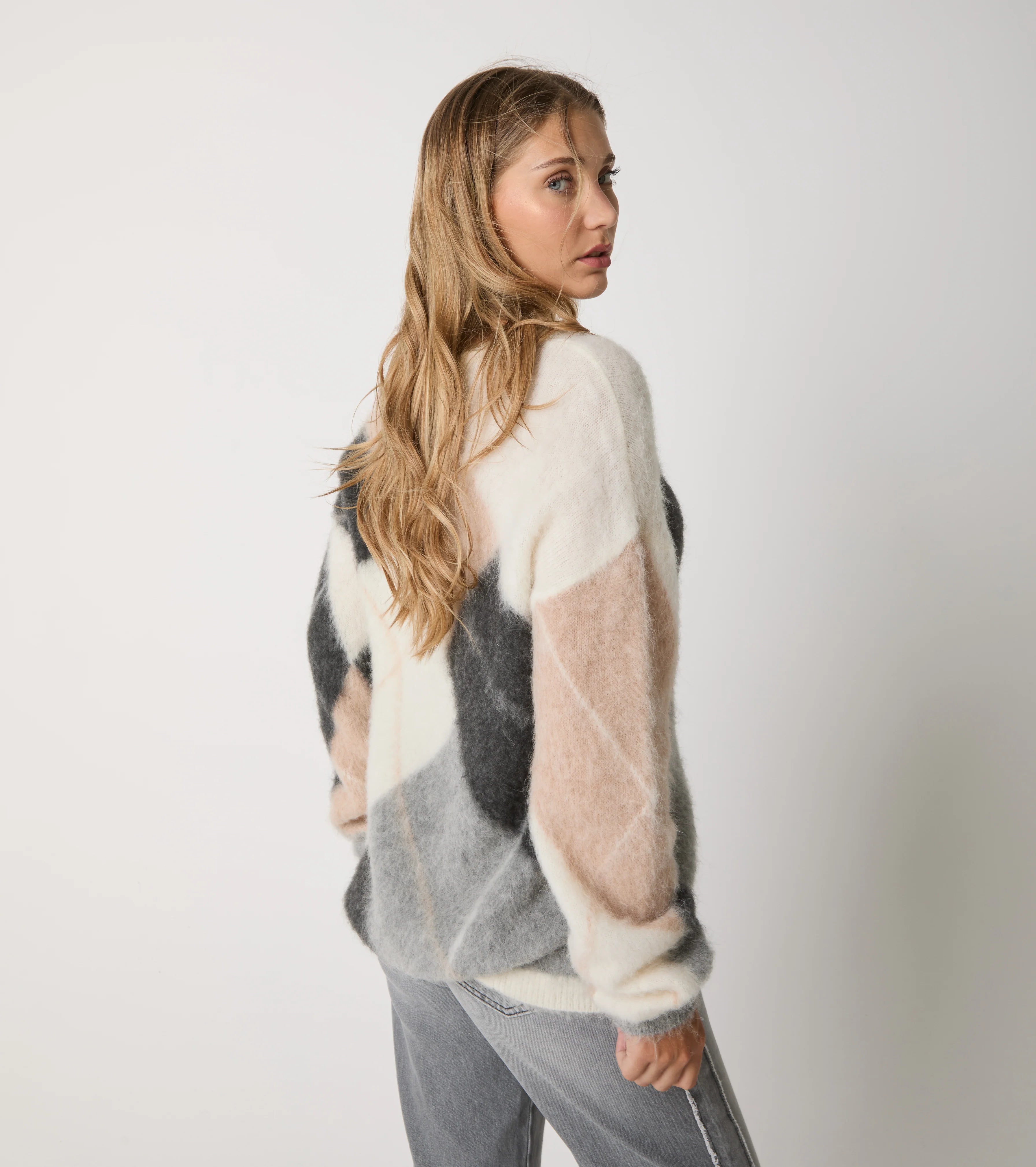 W5-53043 Maglia Rombi Scollo V Butter/Light Grey