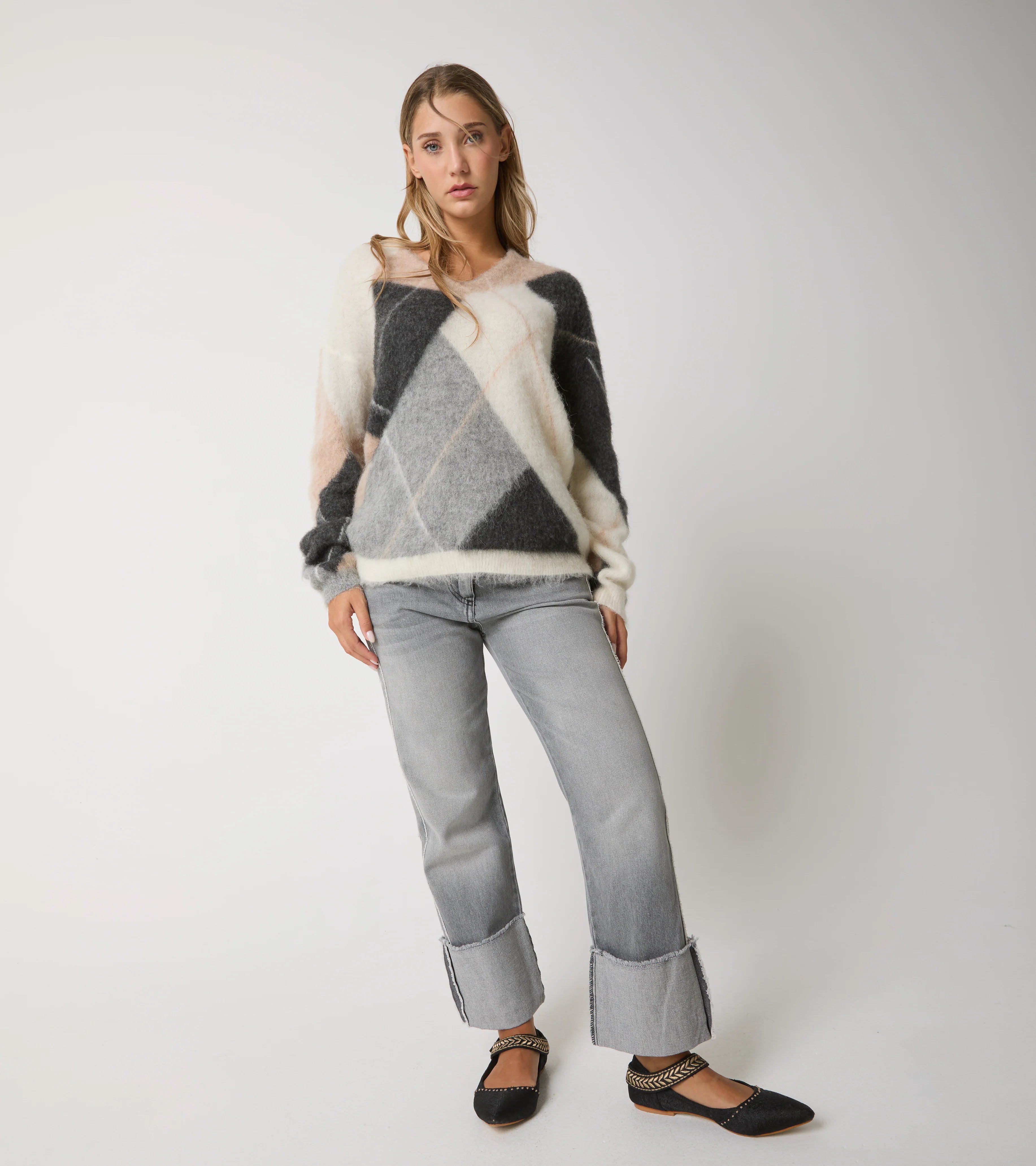 W5-53043 Maglia Rombi Scollo V Butter/Light Grey