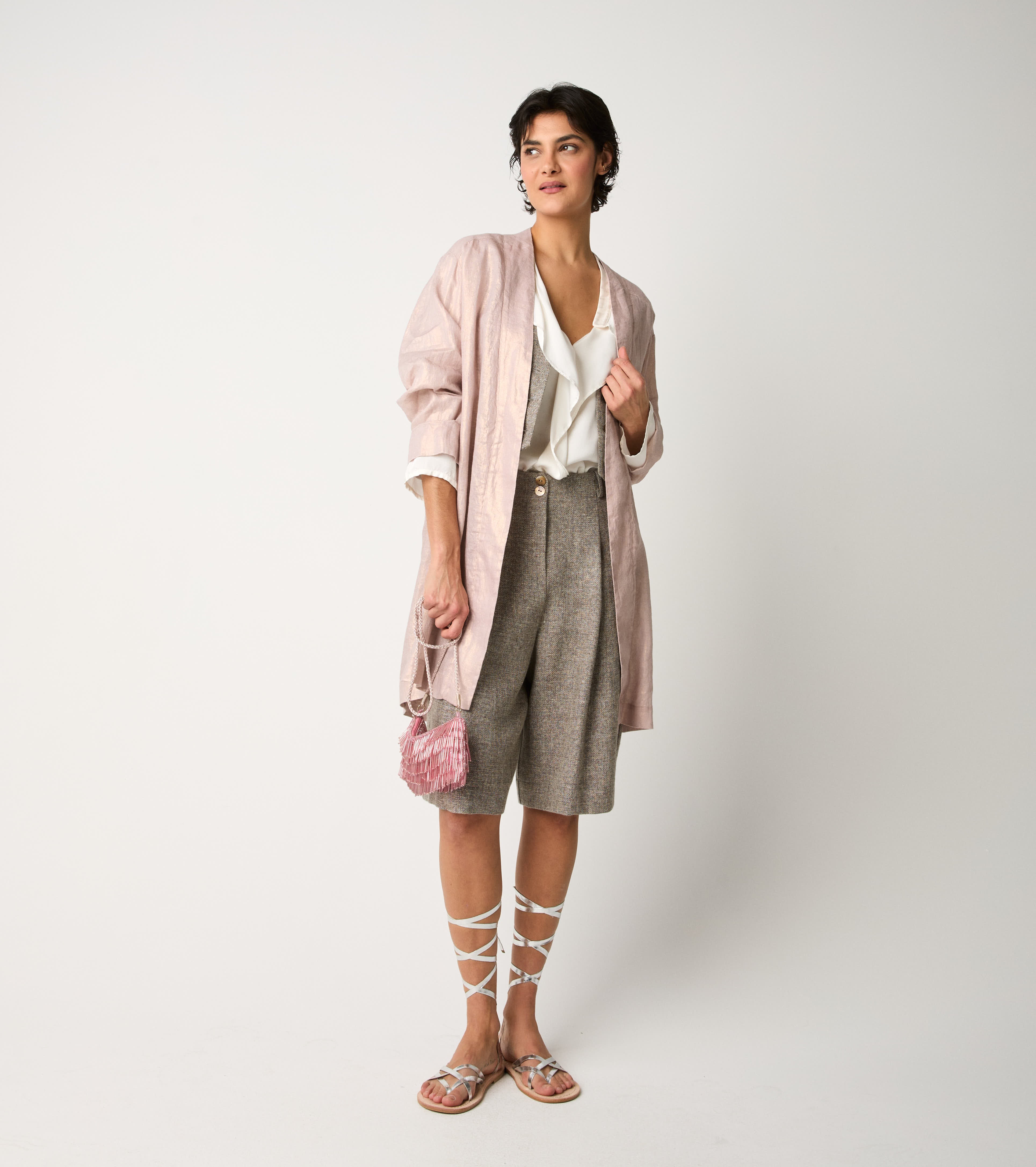 S6-45070 Blusa in Raso con Volant Manica Lunga Luna