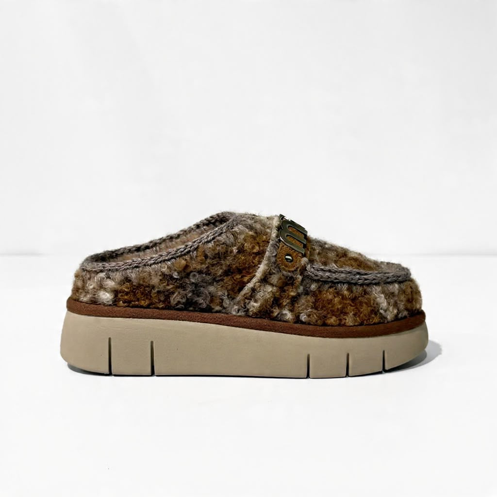 W6-Bounce Clog Plaid Teddy Fur Mercia Marron