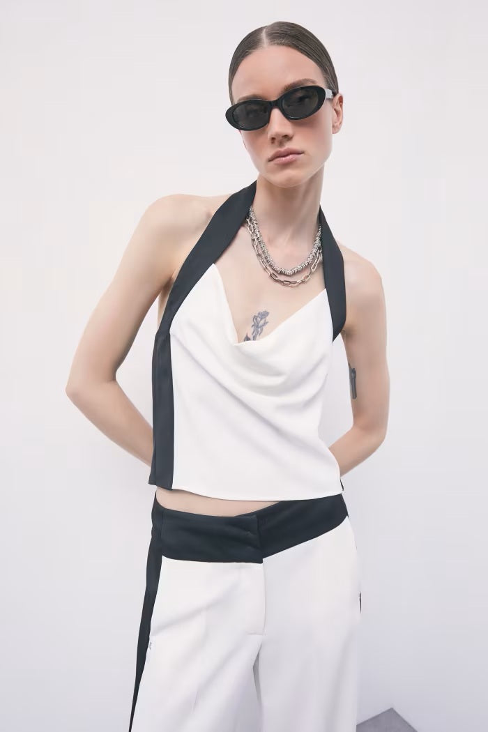 W6-8C0126 Top Color Block con Schiena Scoperta in Crêpe White & Black