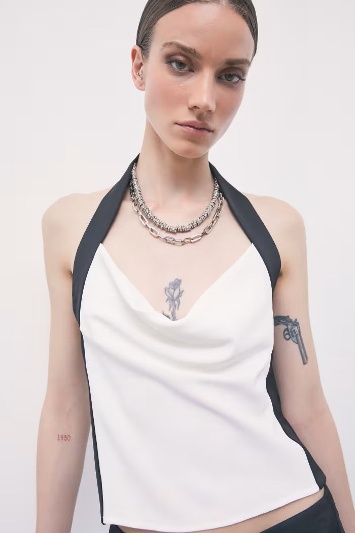 W6-8C0126 Top Color Block con Schiena Scoperta in Crêpe White & Black